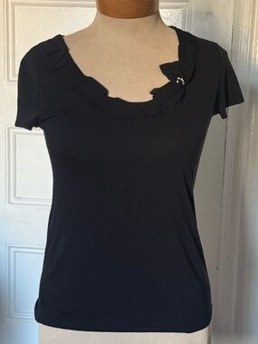 Ann Taylor Black Short-Sleeve Ruffle Scoop Neck Tee